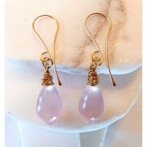 Natural Rose Quartz Micro Faceted Gold Fill Dangle Drop Earrings Handmade AAA
